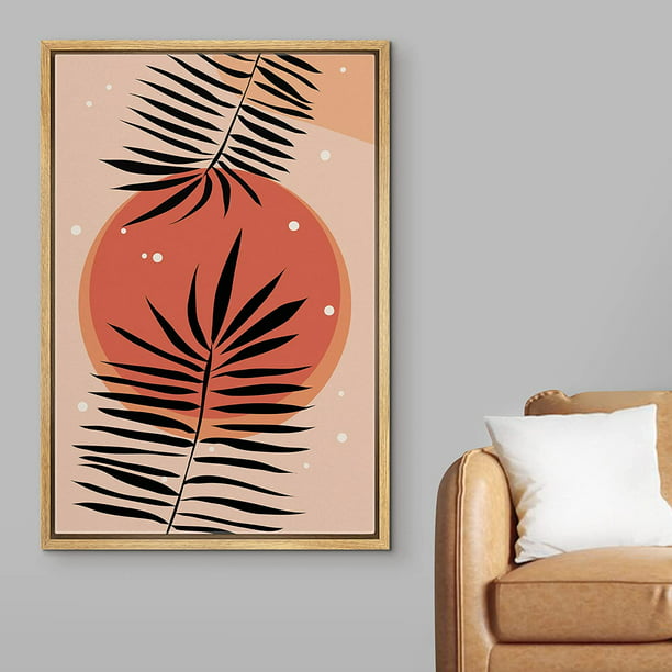 Wall26 Framed Canvas Print Wall Art Palm Leaf Duo With Orange Red Dots Fl Plants Ilrations Modern Rustic Colorful Warm For Living Room Bedroom Office 24 X36 Natural Com - Red And Gold Leaf Wall Art For Living Room