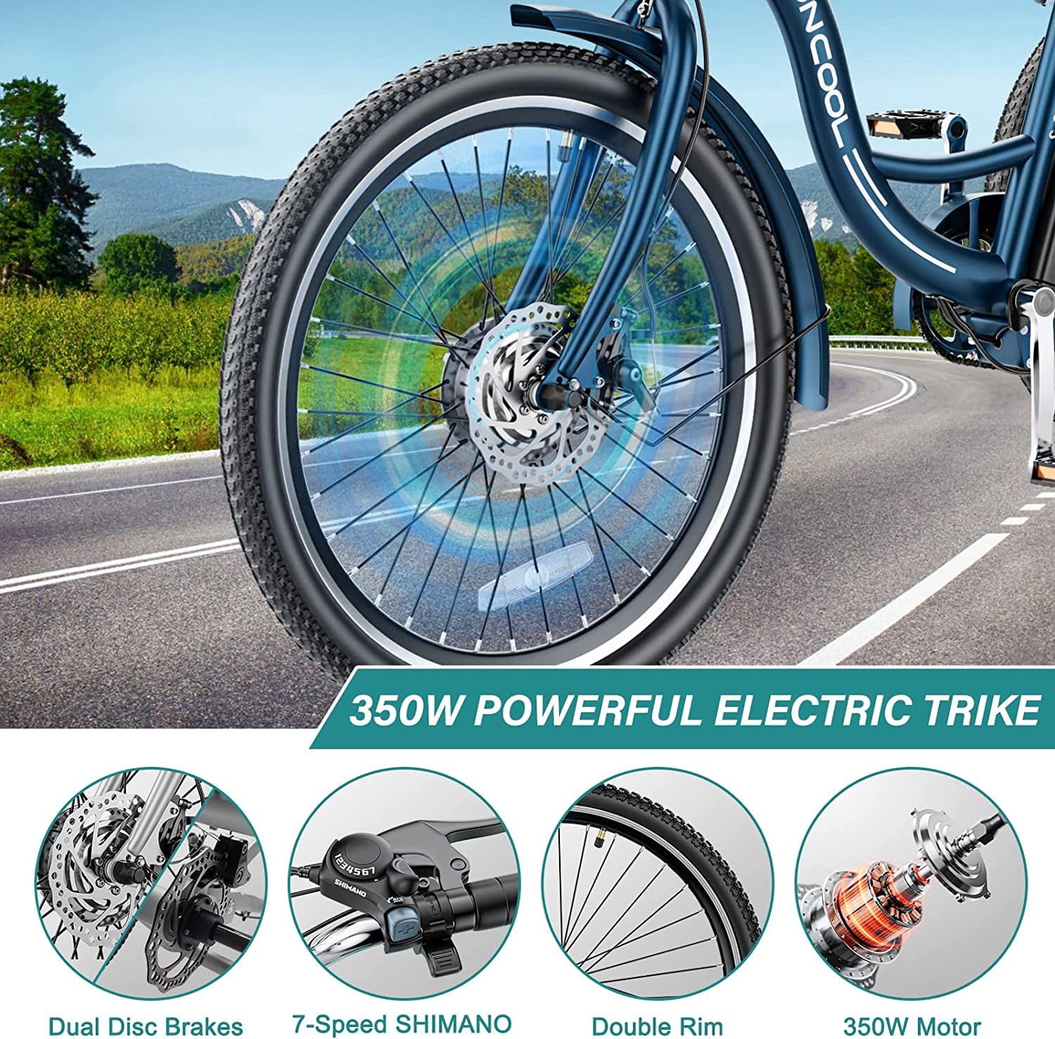 MOONCOOL 350W Motorized Electric Trike, 7 Speed 3 Wheel Electric Bicycle with 36V 10.4Ah Lithium Battery UL Certified, 24"/26" Electric Tricycle for Adults with Rear Basket
