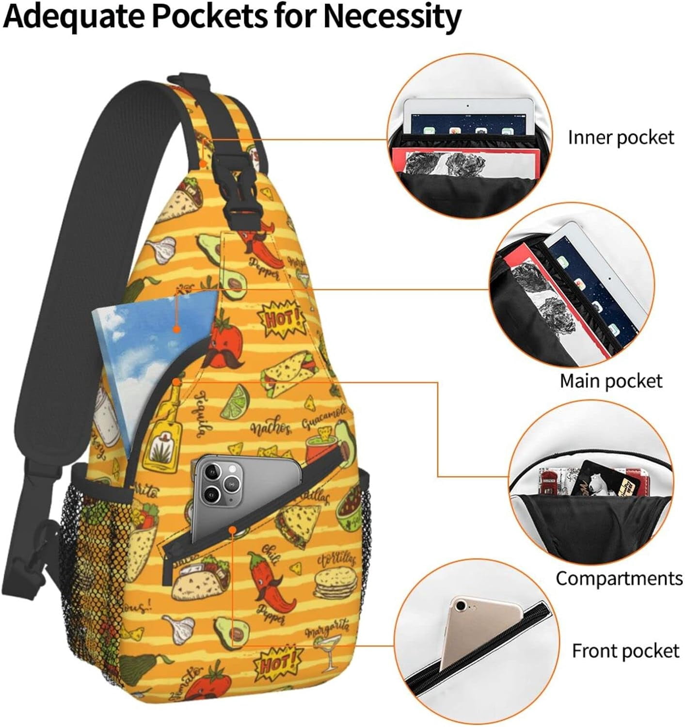 Cartoon Hand Drawn Mexican Food Pattern Sling Bag Crossbody Hiking Travel Chest Bags Backpack Shoulder Daypack for Women Men