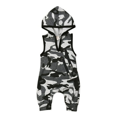 

Yinyinxull Summer Newborn Baby Boy Sleeveless Clothes Camo Hooded Romper Jumpsuit Outfits Gray 0-6 Months