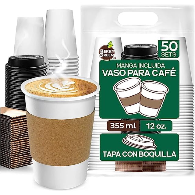 Berry Green 50 Vasos para Cafe de 12 oz (355 ml) Desechables con Tapa y Manga Protectora, Perfecta Para Cafe, Te y Todo Tipo de Bebidas Calientes, sin Derrames, Biodegradables Best Trading VCAF12