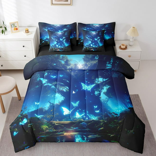 YST Blue Butterfly Bedding Set, Neon Gradient Glowing Butterflies Comforter Set, 7-Piece, Magic Jungle, Twin Size