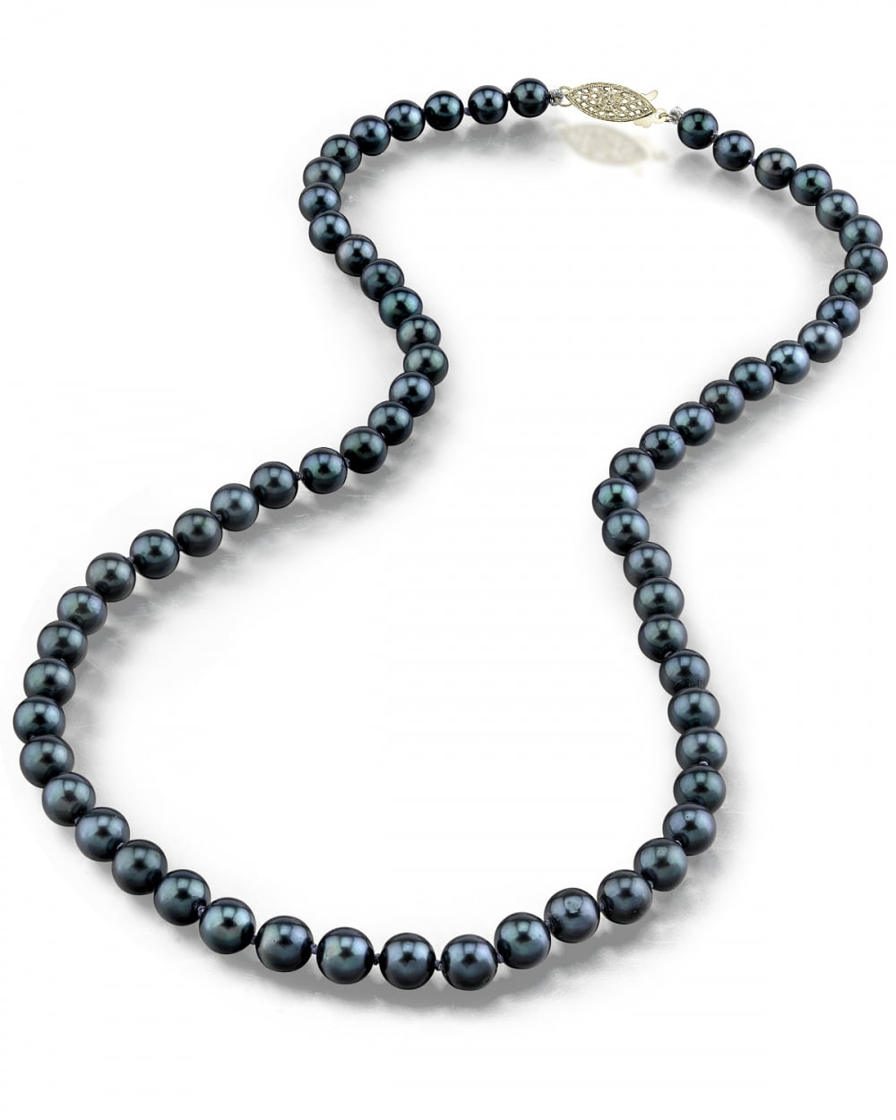 14K Gold 5.5-6.0mm Black Akoya Cultured Pearl Necklace AAA Quality, 16" Choker Length by The Pearl Source