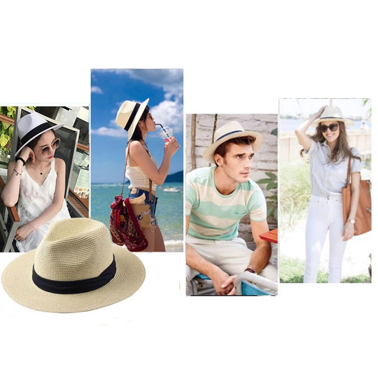 Womens Mens Wide Brim Straw Panama Hat Fedora Summer Beach  display picture 3