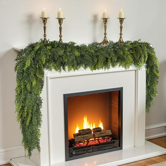 JEWLALO 6FT Christmas Garland, Cedar Garland, Real Touch Cypress Garlands, Green Artificial Greenery Garland for Mantel Indoor Outdoor Christmas Decorations
