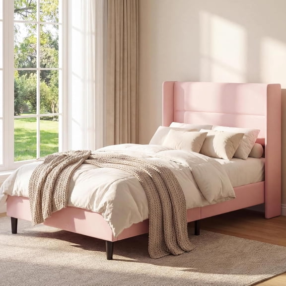 Upholstered Wood Platform Bed Frame with 8" under for Bedroom,Twin,Pink