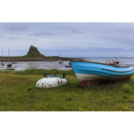Fishing Boats Onshore and Beach at Low Tide with Lindisfarne Castle and Farne Islands, Holy Island Print Wall Art By Eleanor