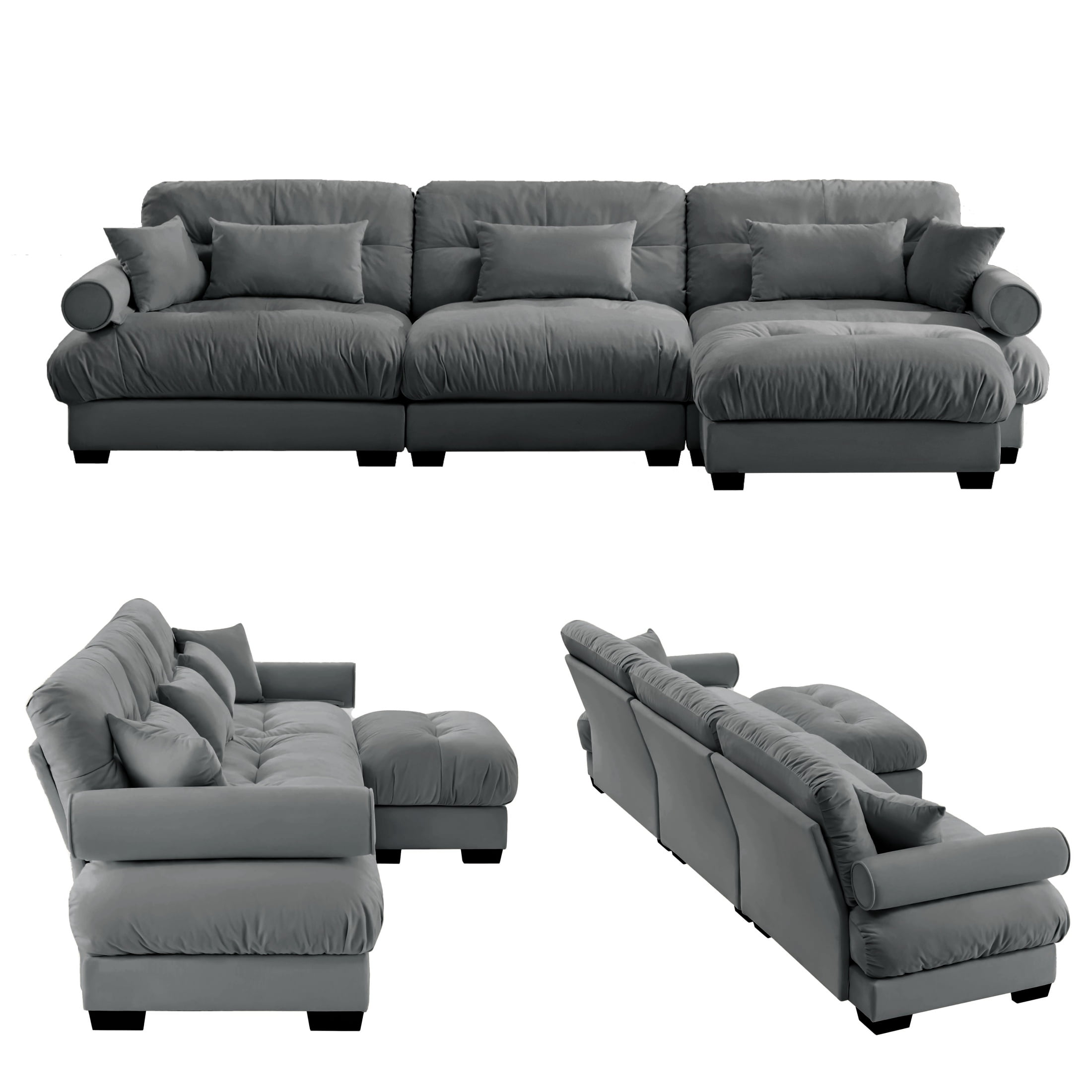Amuille 130" Modular Sectional Sofa Velvet L Shaped Cloud Couch with Movable Ottomans, Deep Seat Couch for Living Room, with Pillows, Gray