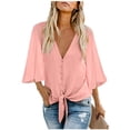 thumbnail image 1 of Hauts à Col en V pour Femmes Manches 3/4 à Volants Blouses à Nœud Boutonné - Rose, 1 of 2