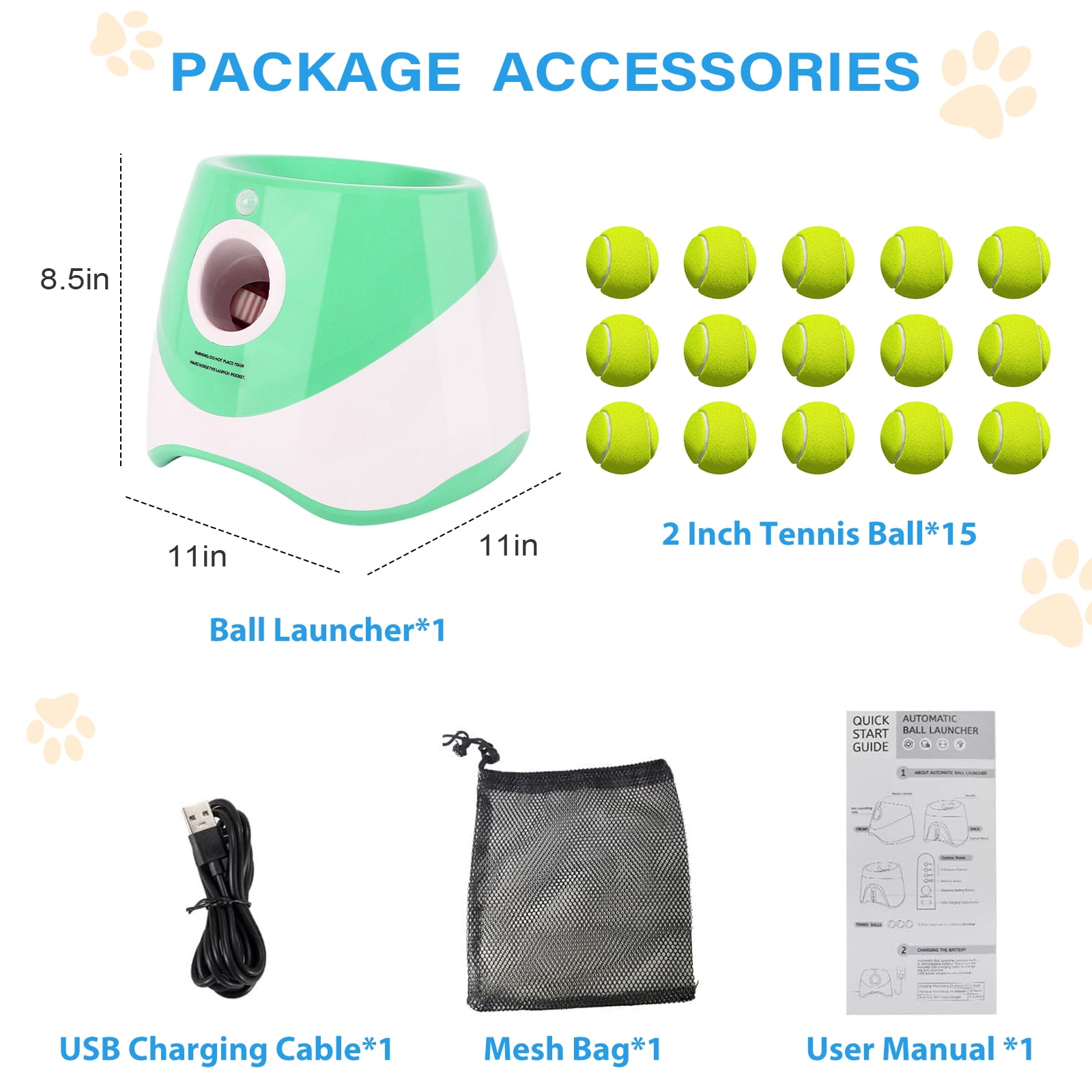 Automatic Dog Ball Launcher for Small Dogs, Indoor/Outdoor Interactive Dog Toy,USB Rechargeable Ball Thrower,10-30 Ft,Includes 15 Mini Tennis Balls,Green