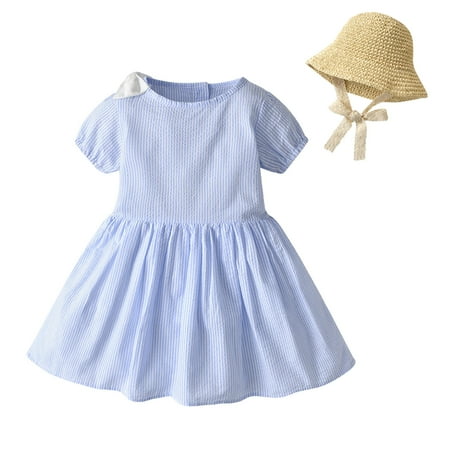 

JDEFEG Check Dress Kids Toddler Baby Girls Spring Summer Solid Cotton Short Sleeve Princess Dress Hat Clothes Girls A Line Party Dress Blue 80