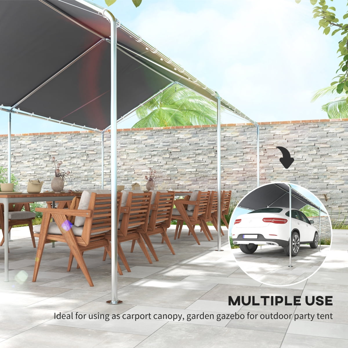 LuckyNote 10'x20' Heavy Duty Carport, Galvanized Steel Canopy with Reinforced Cables & Anchor Kit, Grey
