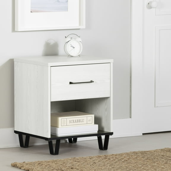 South Shore Arlen, Farmhouse 1-Drawer Nightstand, White Pine and Black Matte