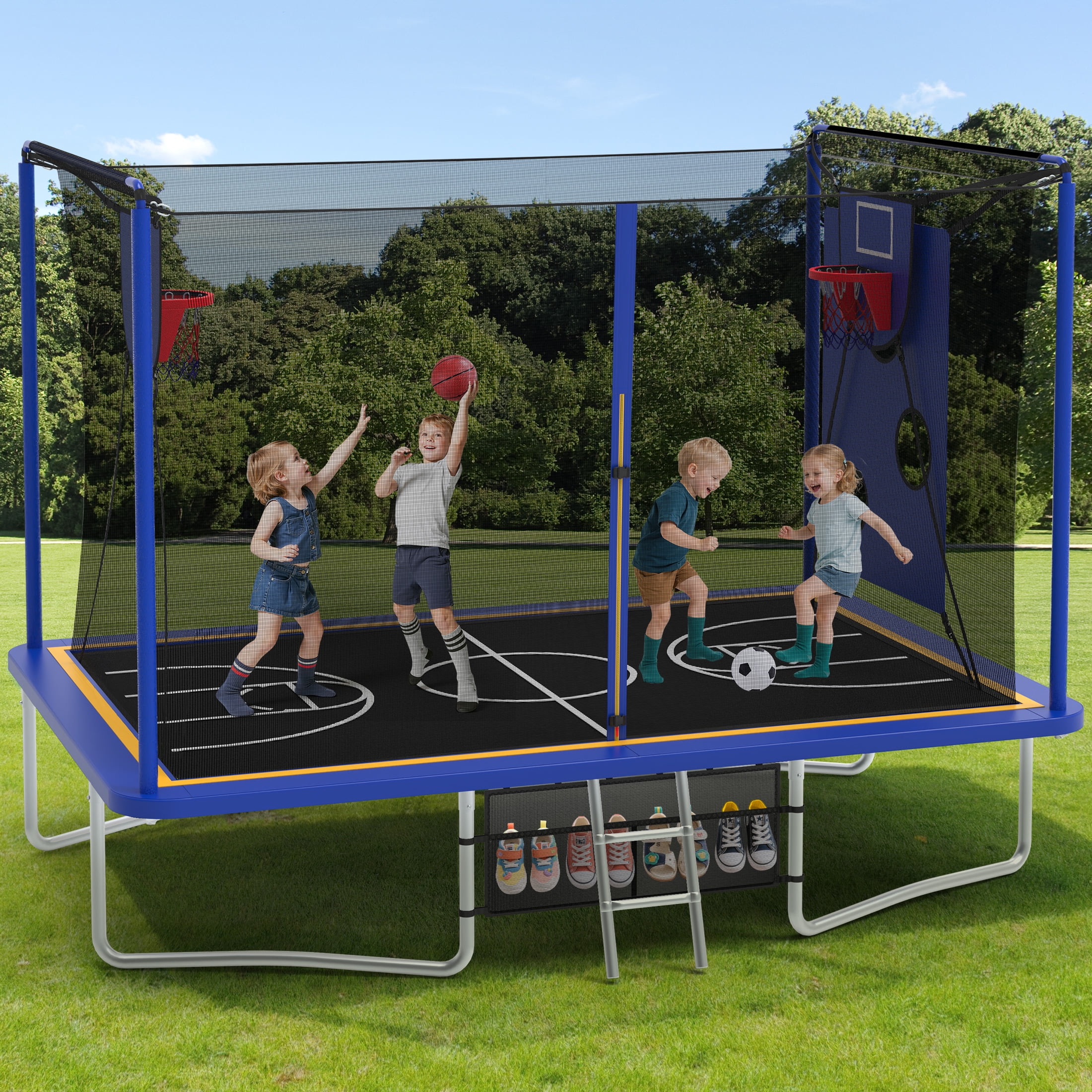 8X12FT Rectangular Trampoline with Enclosure Net, SEGMART Big Outdoor Rectangle Trampoline with Basketball Hoop, Large Square Trampoline 1322LBS Weight Capacity with Storage Bag for Kids, Adults