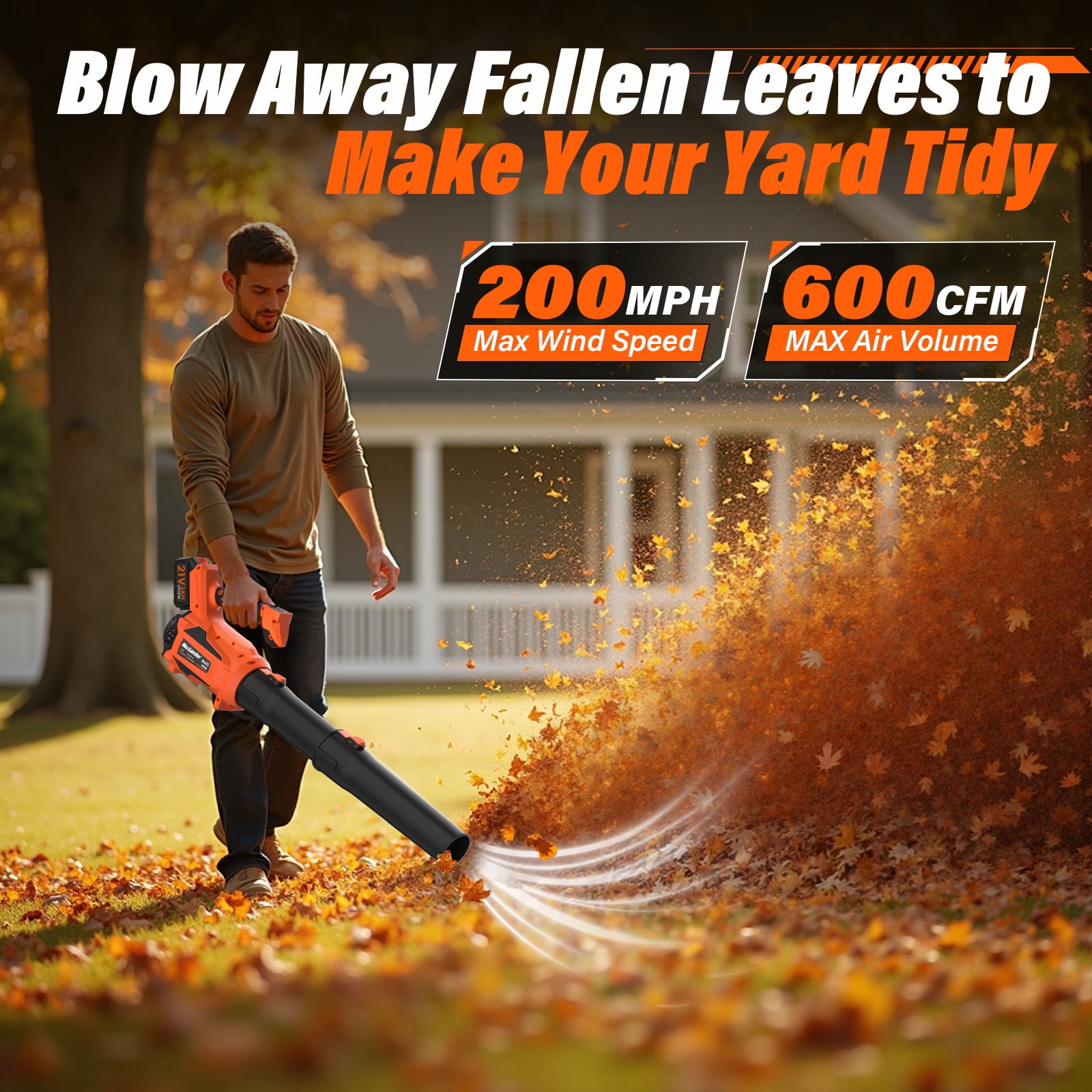 MAXLANDER Snow Blower Cordless, Electric Cordless Leaf Blower with 2pcs 3.0Ah Batteries and 1 Charger, 600CFM & 200MPH, and 5 Speed Mode, for Patio Cleaning, Lawn Care, Blowing Fallen Leaves and Dust