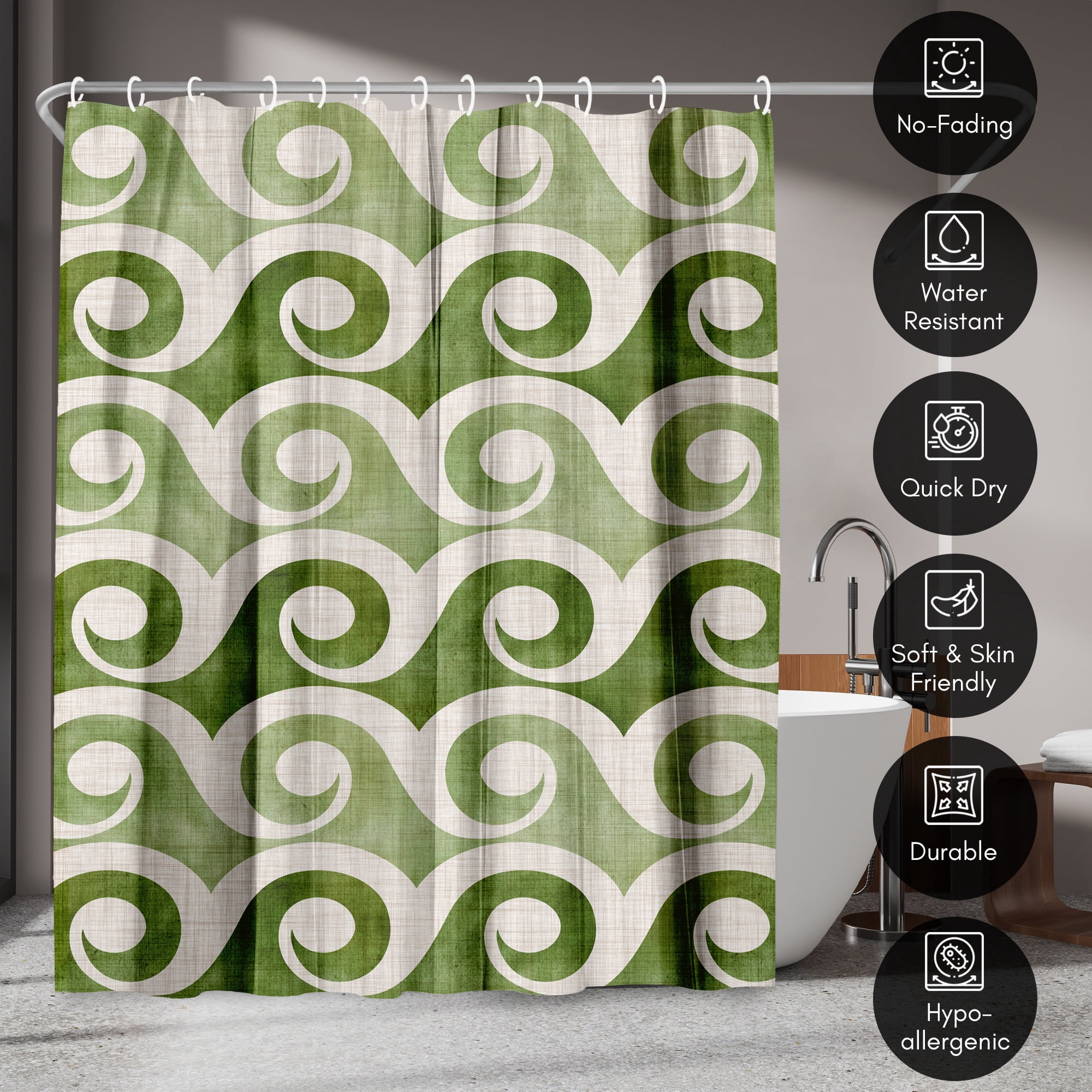 Americanflat 71" x 74" Shower Curtain, Retro Waves In Green by Modern Tropical