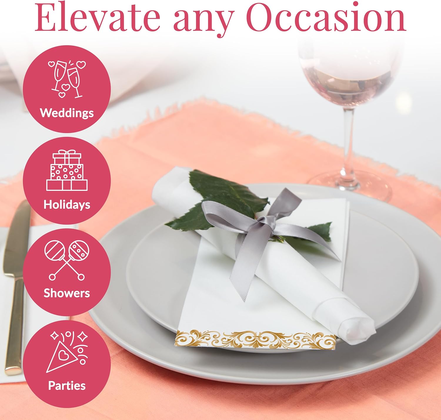 200 Pack Disposable Paper Guest Towels for Bathroom, 2-Ply - Elegant Linen Feel Paper Napkins - Absorbent Decorative Guest Towels for Bathroom, Wedding, and Party Use - (White and Gold)​