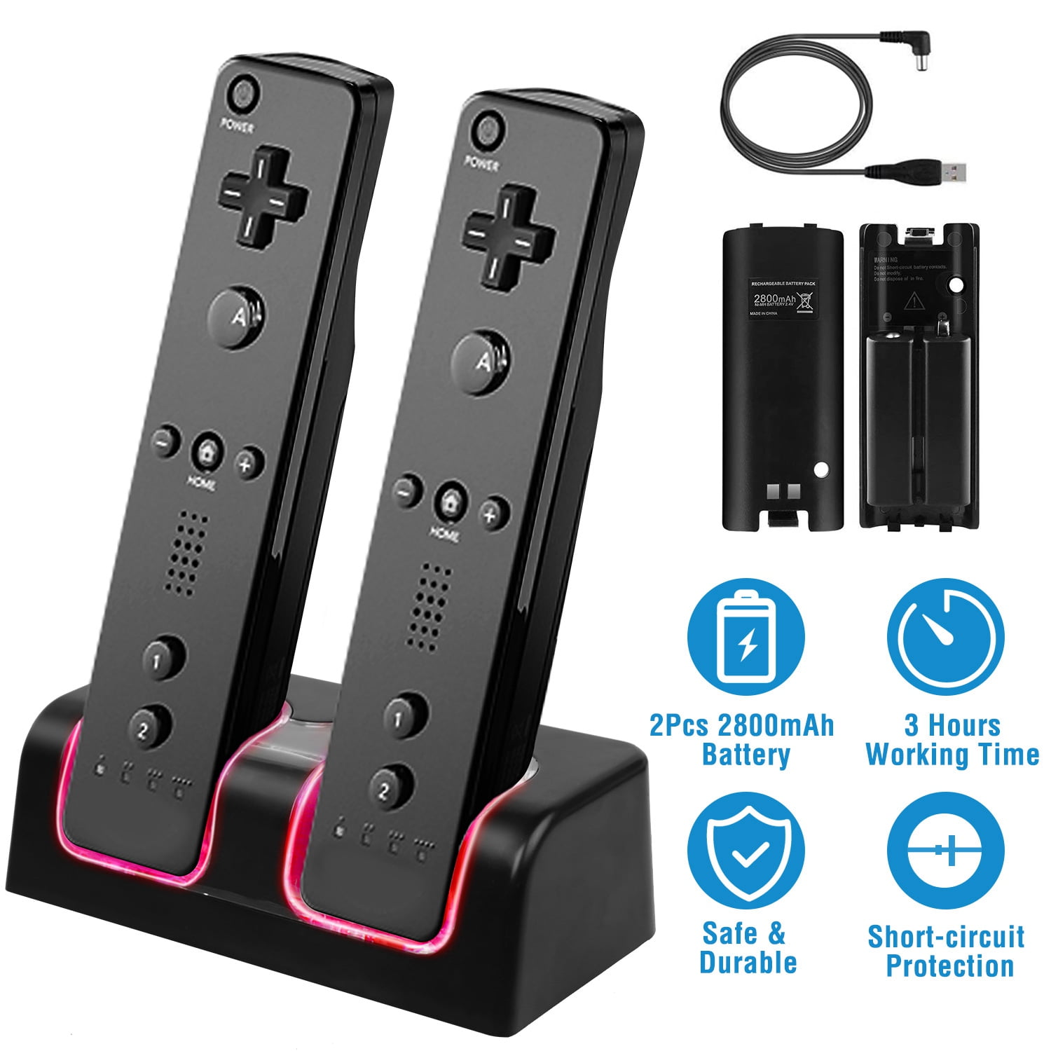 Wii Remote Charger Dual Charging Dock Station with Rechargeable Batteries for  Nintendo Wii and WiiU (Black or White Options) 