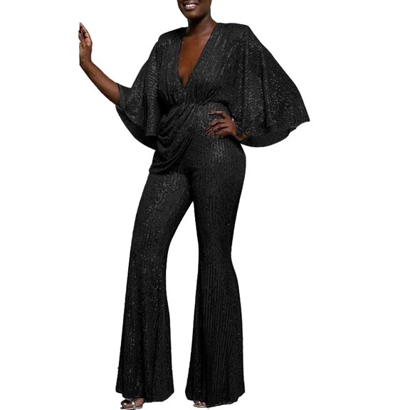 UPPADA Dressy Jumpsuits for Women Evening Party Long Sleeve Sequin Overall Suit Business Casual Overalls Wide Flared Pants Black,L