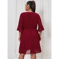 thumbnail image 3 of Plus Size Women Burgundy Chiffon Wrap Dress V Neck 3/4 Ruffle Flare Sleeve Gold Buckle Belt Asymmetric Hem Elegant Party Dress, 3 of 3