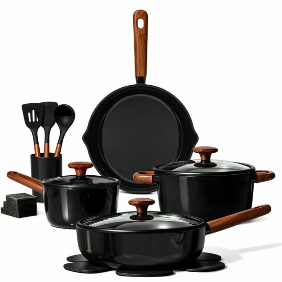 CAROTE 17-Pcs Nonstick Cookware Sets,Ceraimc Pots and Pans with Stay-Cool Handles, Induction Compatible Kitchen Set,(Black)