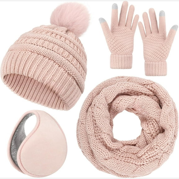 Winter Hat Scarf Gloves and Ear Warmer, Warm Knit Beanie Hat Touch Screen Gloves Set Winter Gifts Neck Scarves for Women