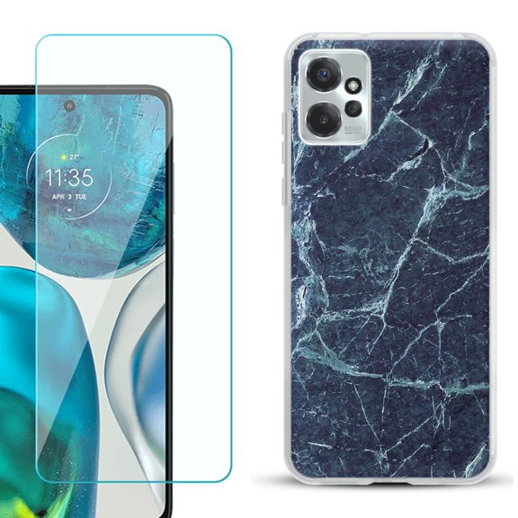 OneToughShield ® for Motorola Moto G Power 5G 2023 Shockproof Fashion Phone Case, with Tempered Glass Screen Protector - Marble / Blue