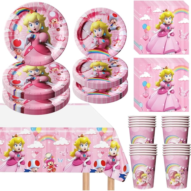 81 PCS Princess Peach Party Paper Plates and Napkins Set, Peach Tableware Set Includes 40 PCS Plates, 20 PCS Napkins, 20 Cups, 1 Tablecloth for Birthday Party