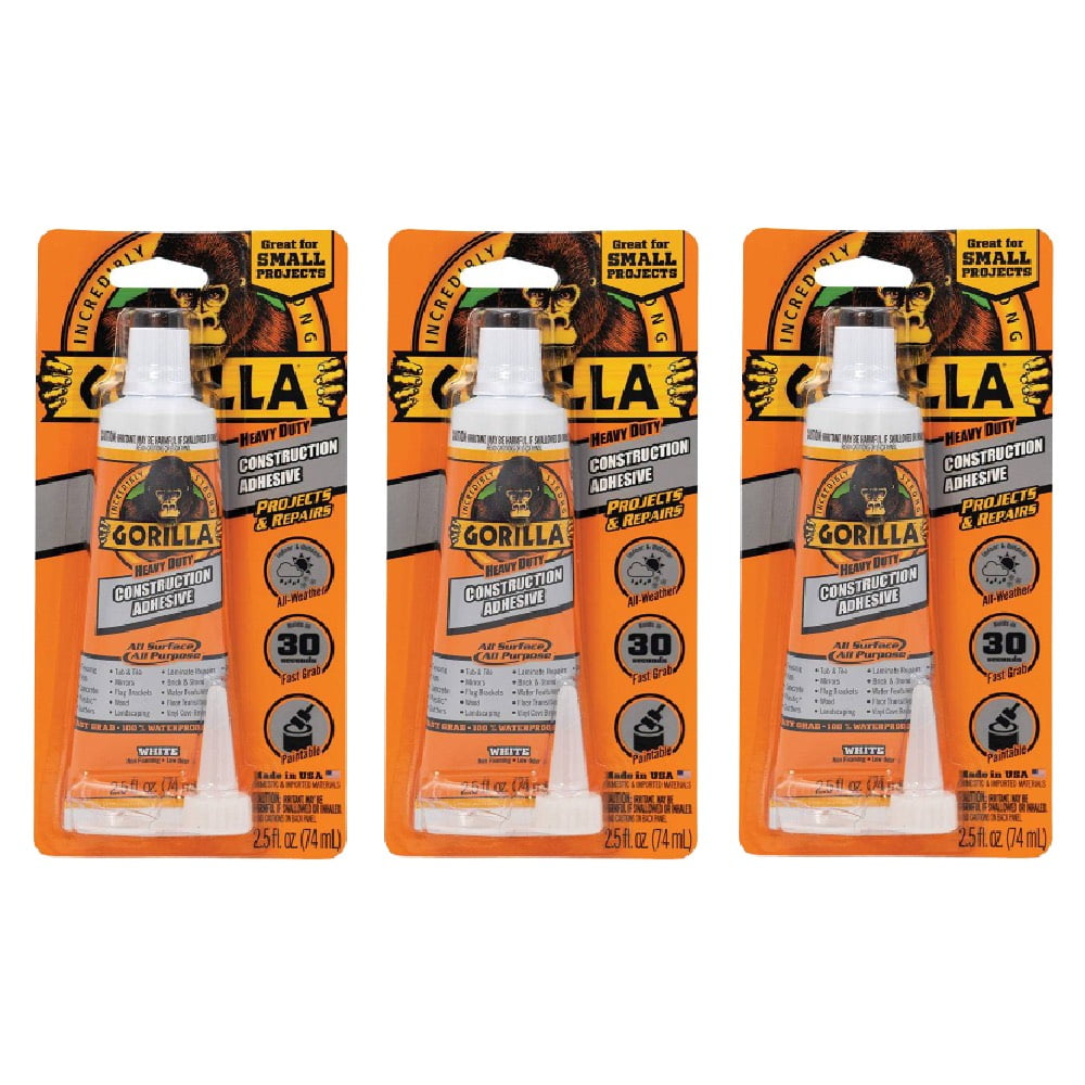 Gorilla Heavy Duty Construction Adhesive 2.5 oz Squeeze Tube White, 3