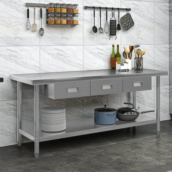 Uforic 72" x 24" Stainless Steel Work Table with 3 Drawers, Adjustable Storage Shelf, Heavy-Duty NSF Prep Table for Kitchen, Restaurant