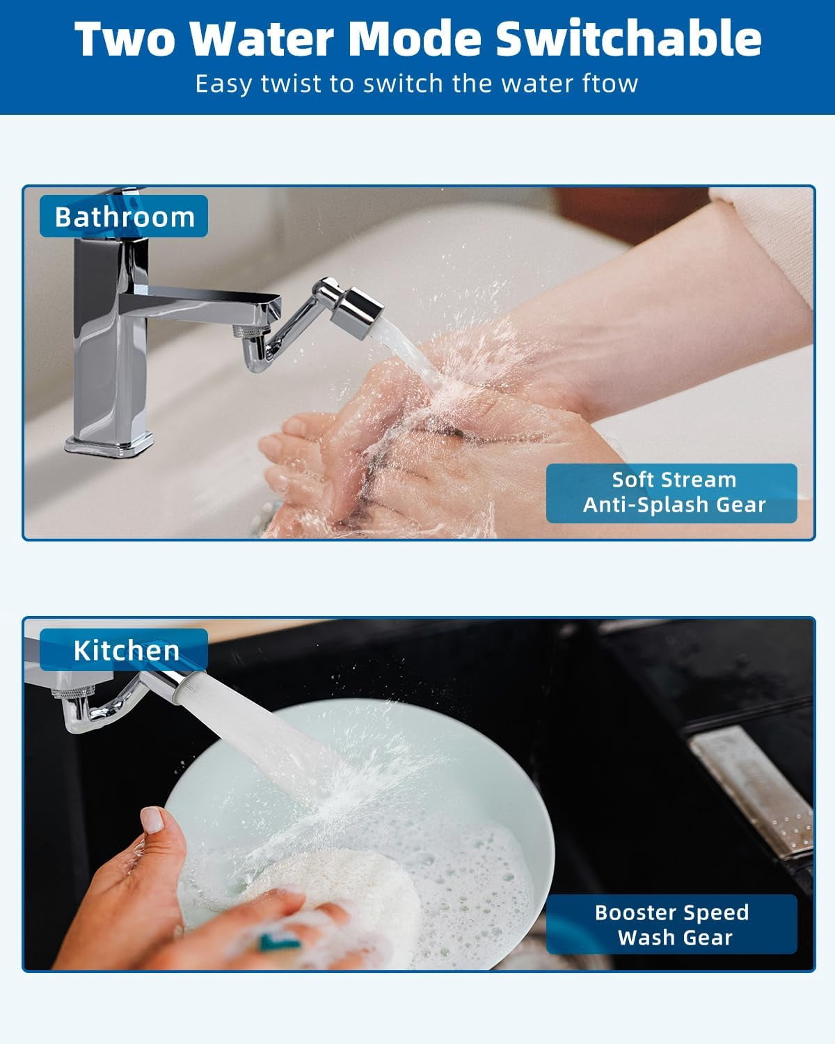 1080° Swivel Faucet Extender, Metal Rotatable Sink Faucet Aerator with Metal Extension, Dual Function 2 Modes Kitchen & Bathroom Sink Sprayer, Faucet Attachment for Gargle/Eye/Face Washing