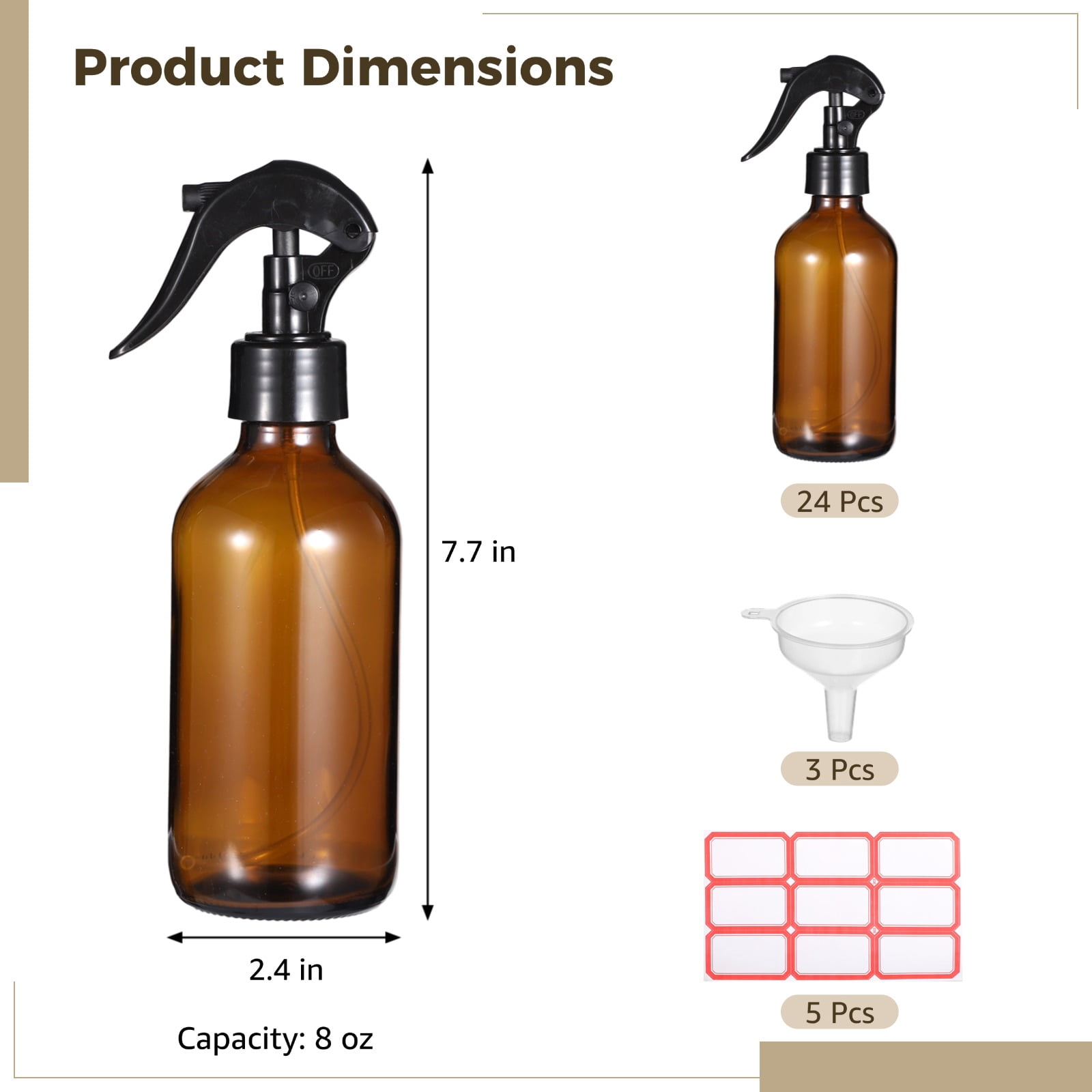 24 PCS 8 oz Glass Spray Bottles, Brown Glass Sprayer with Funnels and Labels, Refillable Fine Mist Trigger Bottles for Essential Oils, Cleaning Solutions, Haircare, Plants, Room Fresheners, DIY Cosme