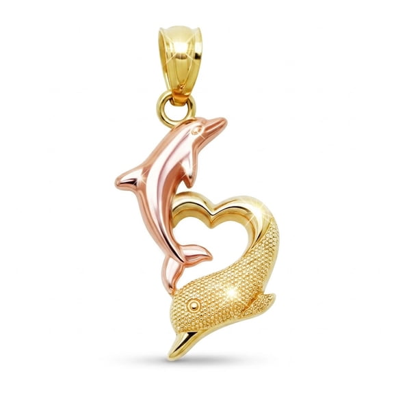 Charm America - Gold Dolphin Heart Charm - 10 Karat Solid Yellow and Rose Gold