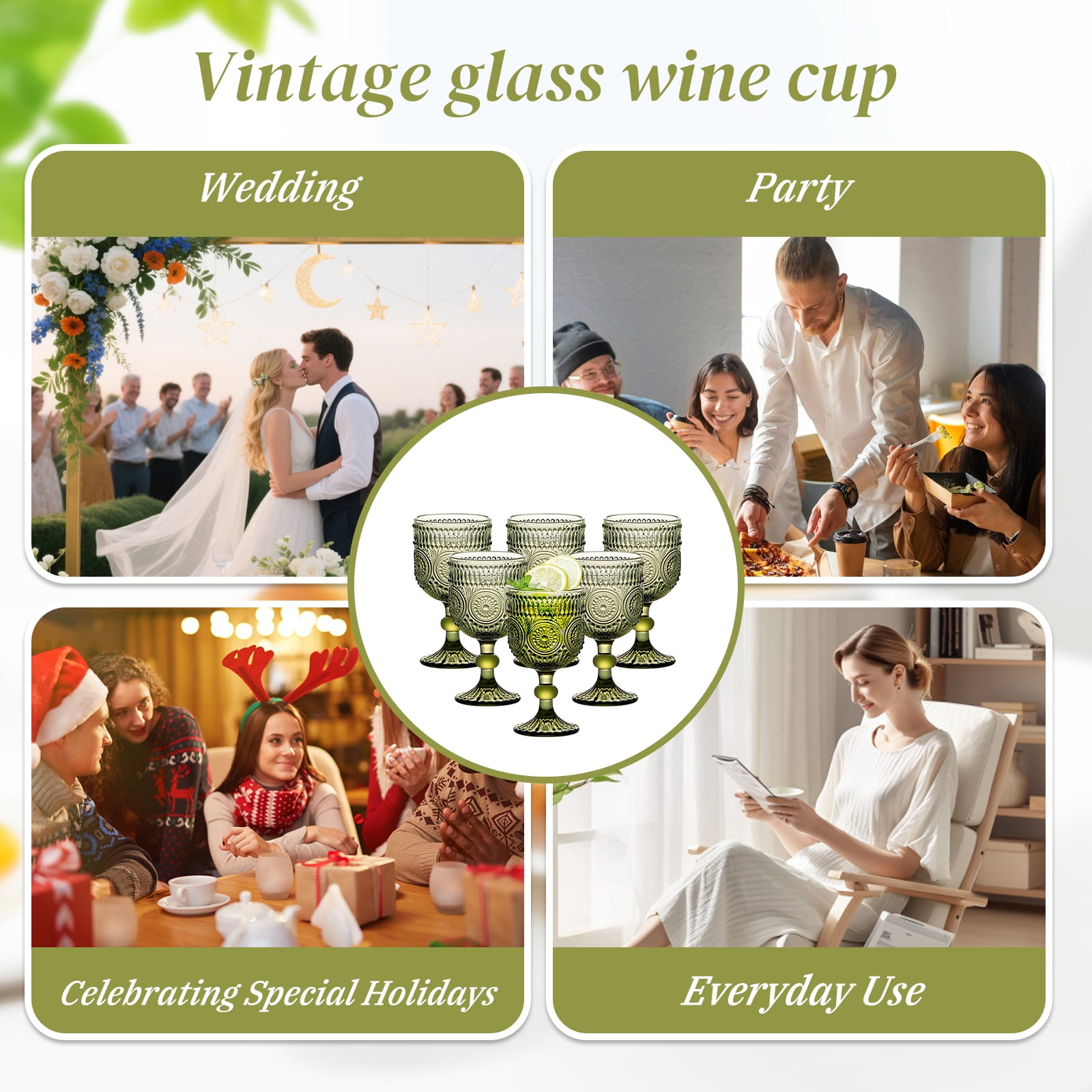 10 Oz Glass Wine Glasses, Set of 6 Stemmed Small Wine Glasses, 300ml Vintage Sunflower Cups, Green