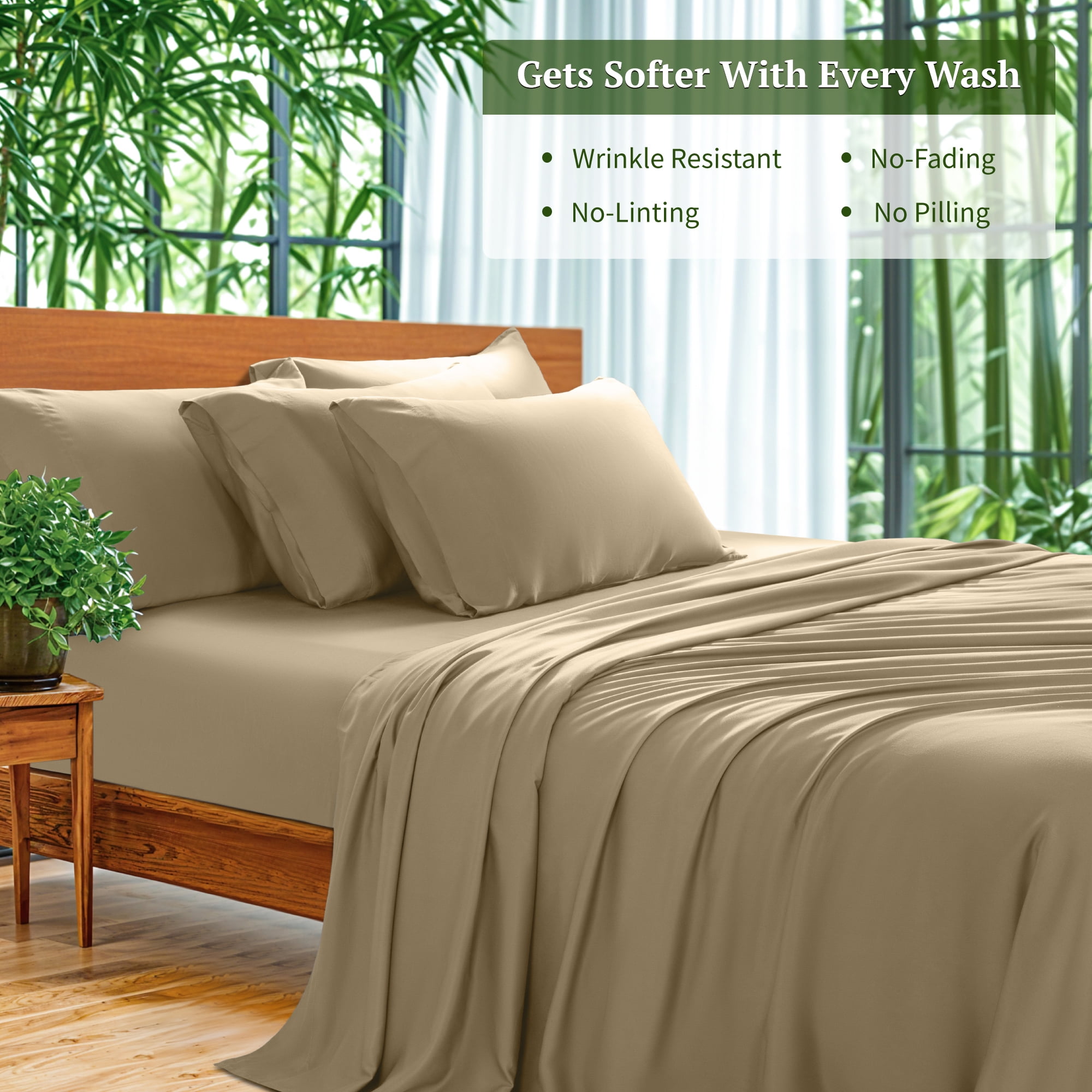 SONORO KATE 6 Pieces Bamboo Bed Sheets Set, Luxury Rayon Derived - Deep Pockets - Wrinkle Free - Extremely Soft, Queen, Beige