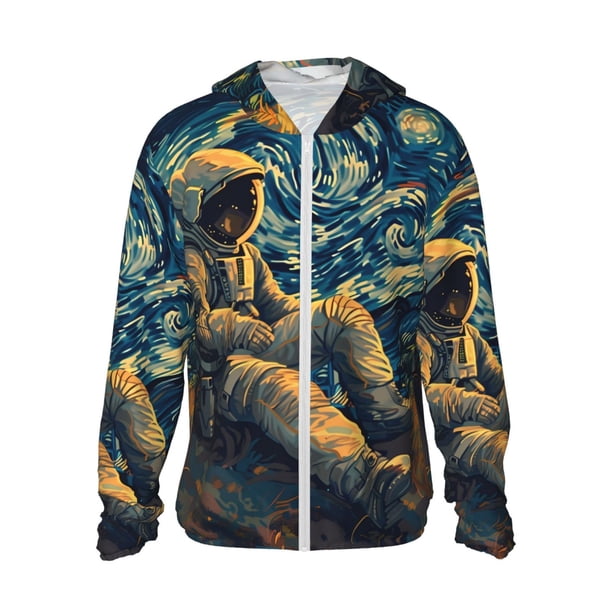 Balery Astronaut Starry Night Sudadera ligera de manga larga con capucha y protección solar UPF 50+ para hombre y mujer, ideal para pesca y running-XX-Large