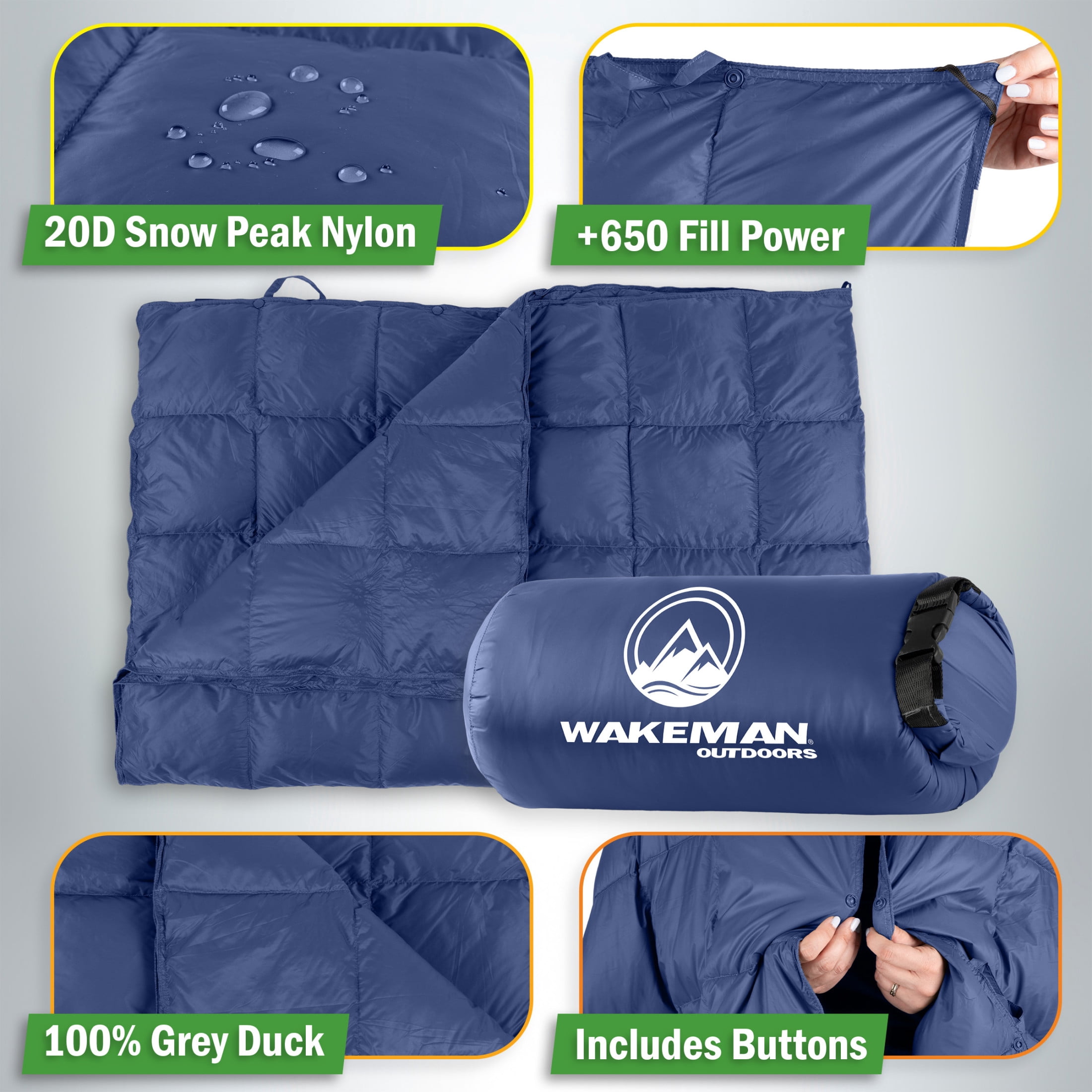 Wakeman Outdoors 78x52” Down Camping Blanket Packable Ultralight Travel Blanket with Bag, Blue
