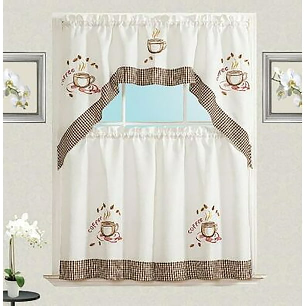 Cream Coffee Cup Design Embroidery Kitchen Curtain with Swag and Tier