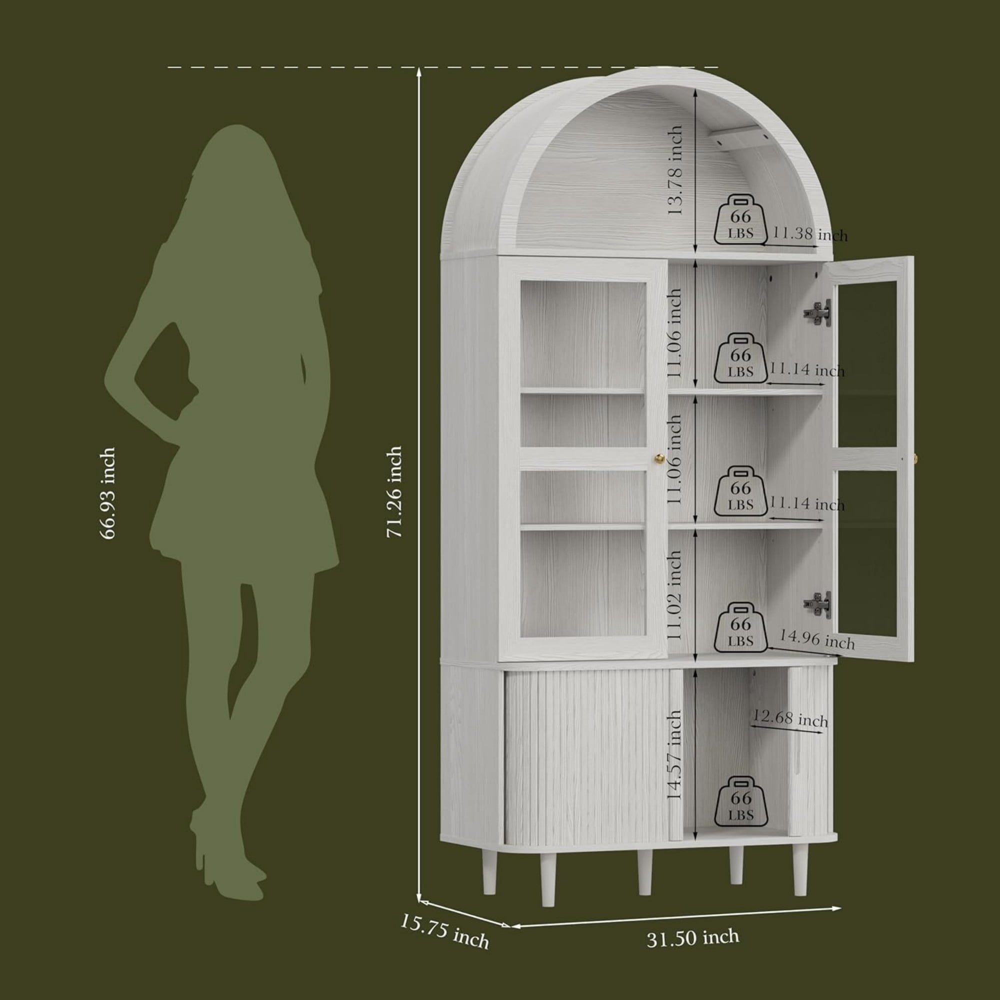 71 Inch Arched Cabinet with Glass Sliding Doors, Fluted Tall Pantry Cabinet with Adjustable Shelves, White