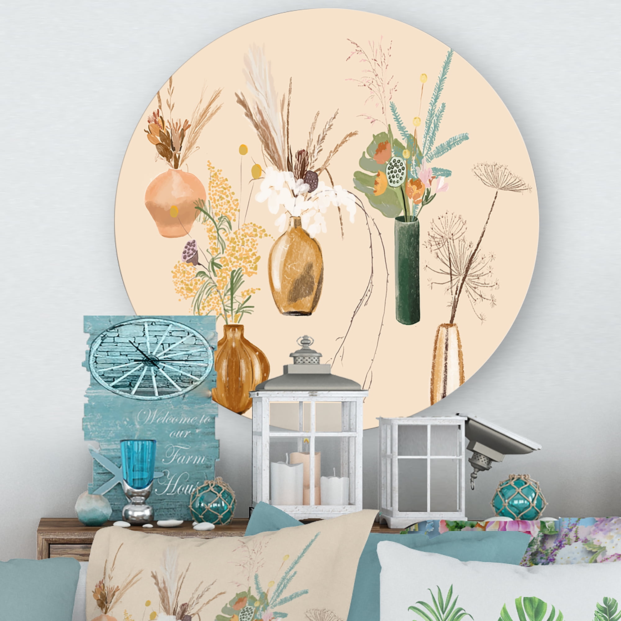 Designart 'Gold Vases With Bouquets Of Wildflowers III' Traditional Circle Metal Wall Art 11x11 - Disc of 11