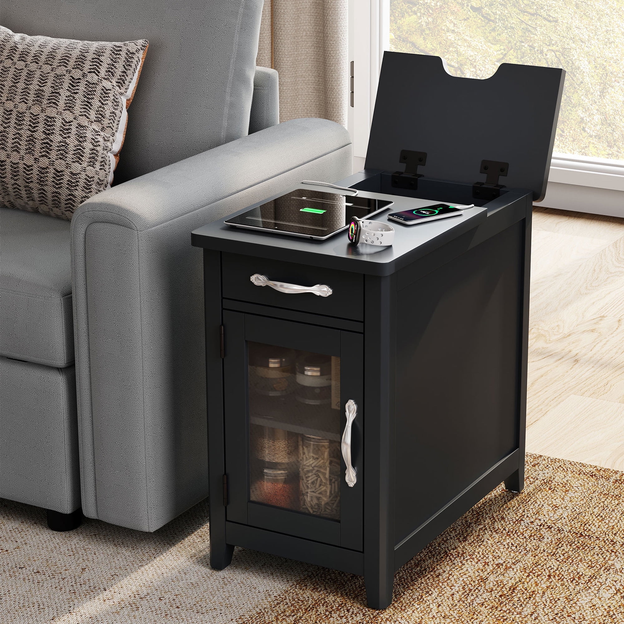 Linsy Home Farmhouse Nightstands for Bedroom Set of 2, End Tables with Usb Ports and Outlets, Black