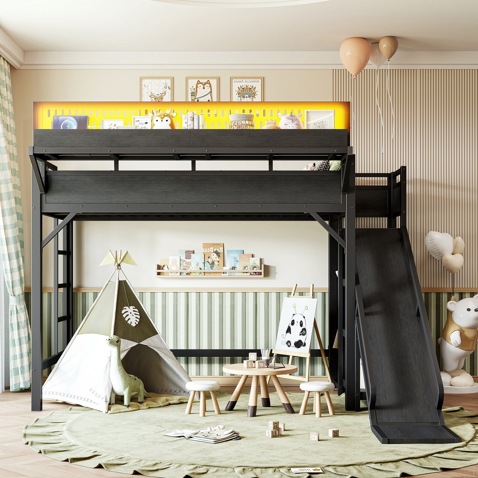 Leumius Twin XL Size Loft Bed with Slide,Storage Shelves and Built-in Wardrobe,Metal Loft Bed Frame with USB Ports and LED Lights,Pegboard,Safety and Solid,