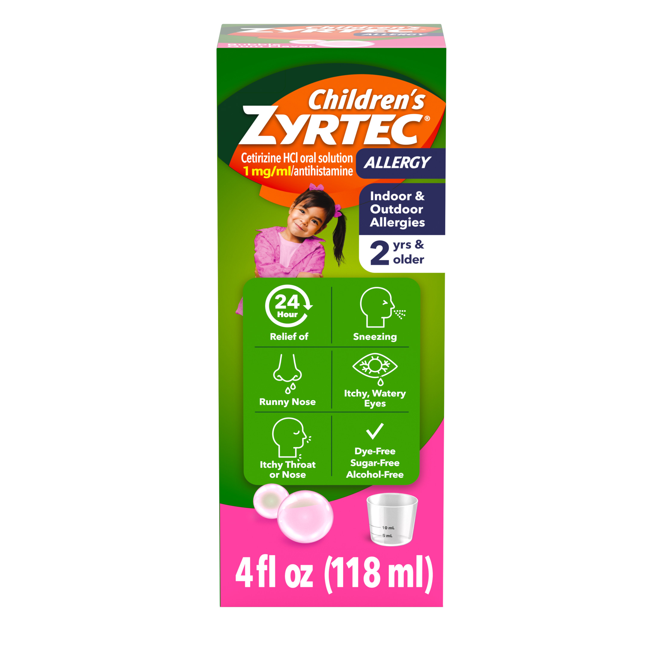 Children's Zyrtec Liquid Allergy Syrup, Free of Dyes, Sugar, Alcohol, Bubble Gum Flavor, 4 fl. oz