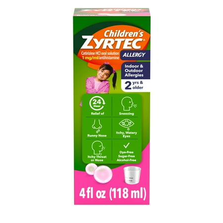 Children's Zyrtec Liquid Allergy Syrup, Free of Dyes, Sugar, Alcohol, Bubble Gum Flavor, 4 fl. oz
