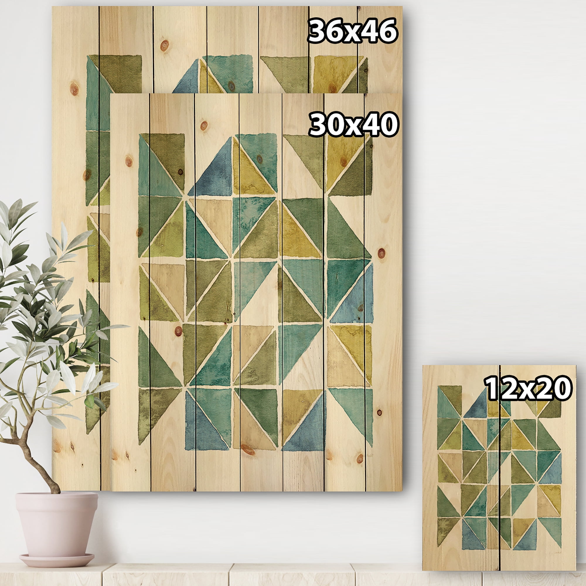 Designart 'geometric Green Triangle I' Modern & Transitional Print on Natural Pine Wood