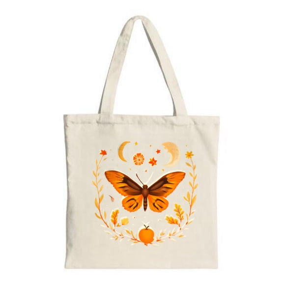 Stylish Canvas Tote Bag with Large Orange Butterfly Autumn Leaves & Crescent Moons - Perfect for Shopping Travel & Parties