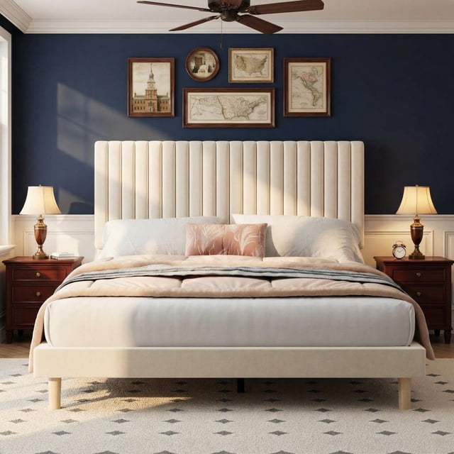 Twin Size Bed Frame, Upholstered Platform Bed Frame with Vertical Channel Tufted Adjustable Headboard, Strong Wooden Slats Support
