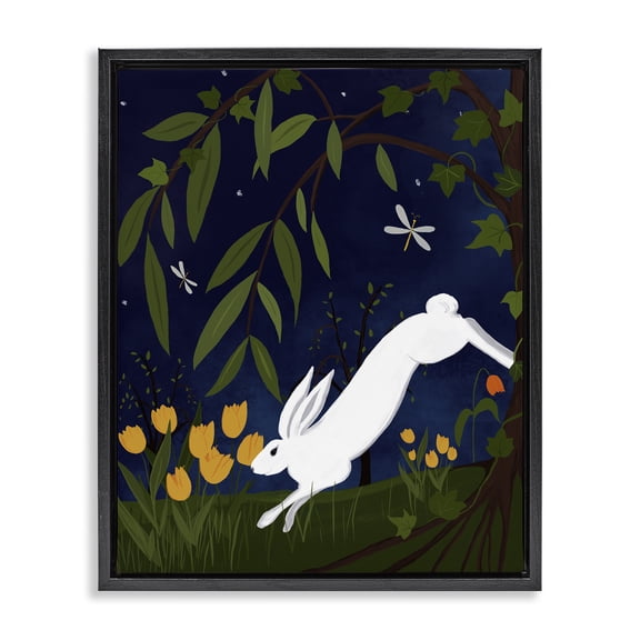 Stupell Industries Hare in Night Forest Animals Painting Black Floater Framed Canvas Art Print Wall Art, 17 x 21