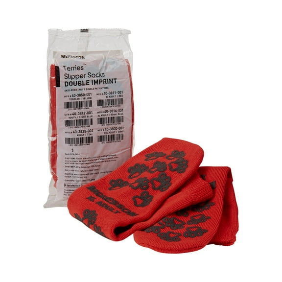 McKesson Terries Slipper Socks - Double Imprint, Patient Alert - Red, XL, 1 Pair