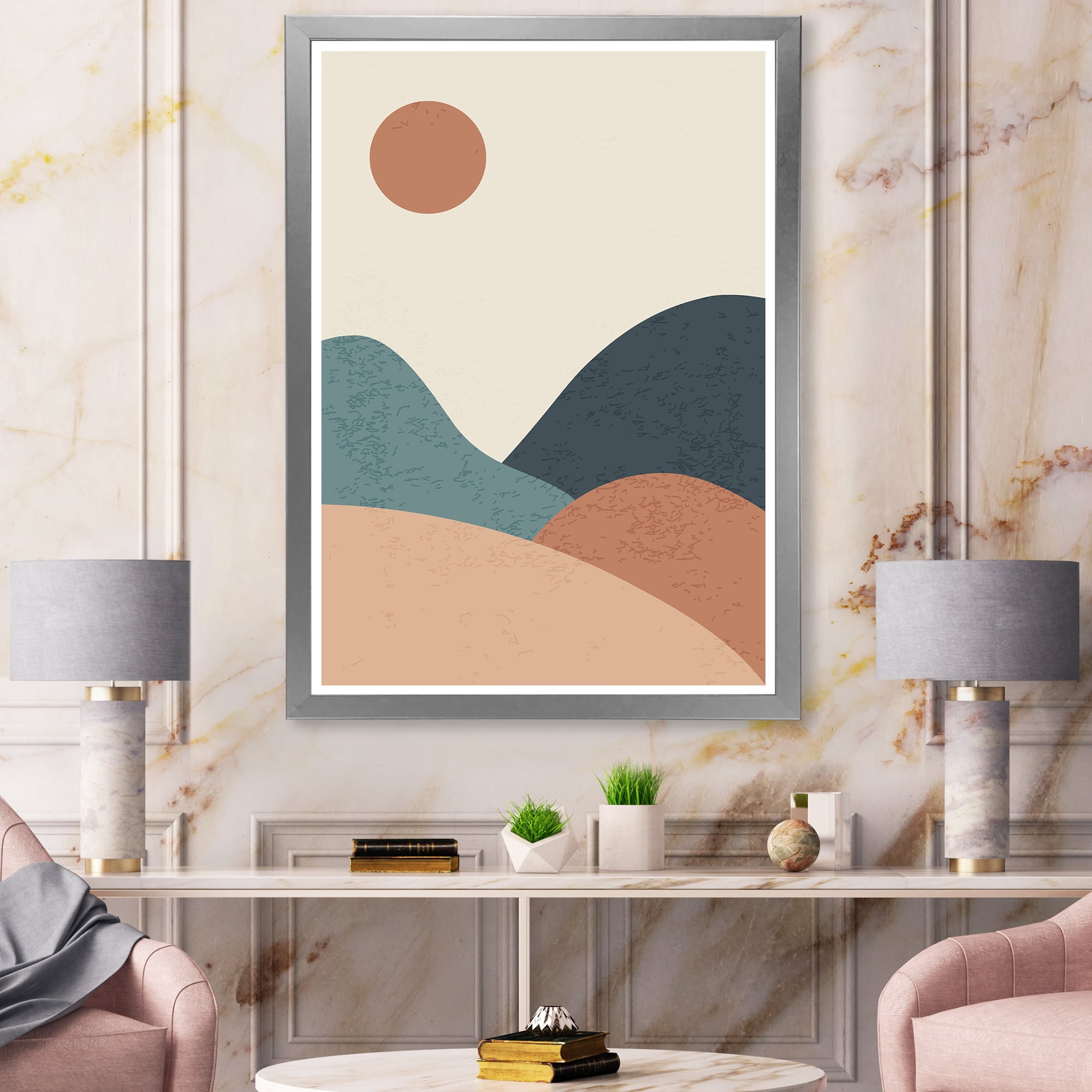 Designart 'Minimalist Vintage Landscape With Lake At Sunset' Modern Framed Art Print